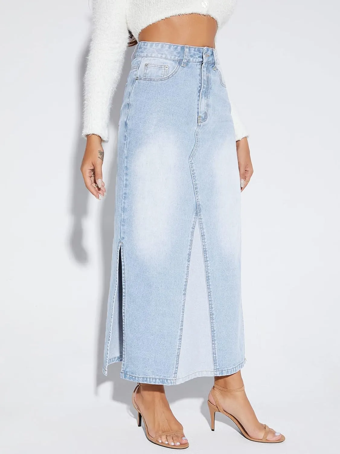 Long Denim Skirt Women Vintage High Waist Patchwork Pencil Long Jean Skirt Side Split Denim Skirt