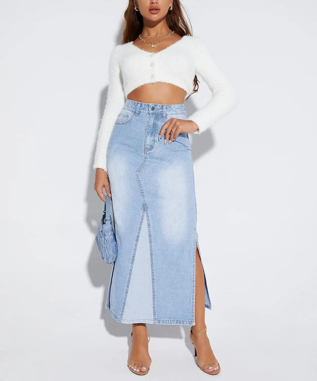 Long Denim Skirt Women Vintage High Waist Patchwork Pencil Long Jean Skirt Side Split Denim Skirt