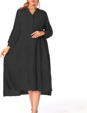 Long Sleeve Shirt Dresses for Women 2024 Solid Color Plus Size Midi Dress Flowy Loose Casual Dress