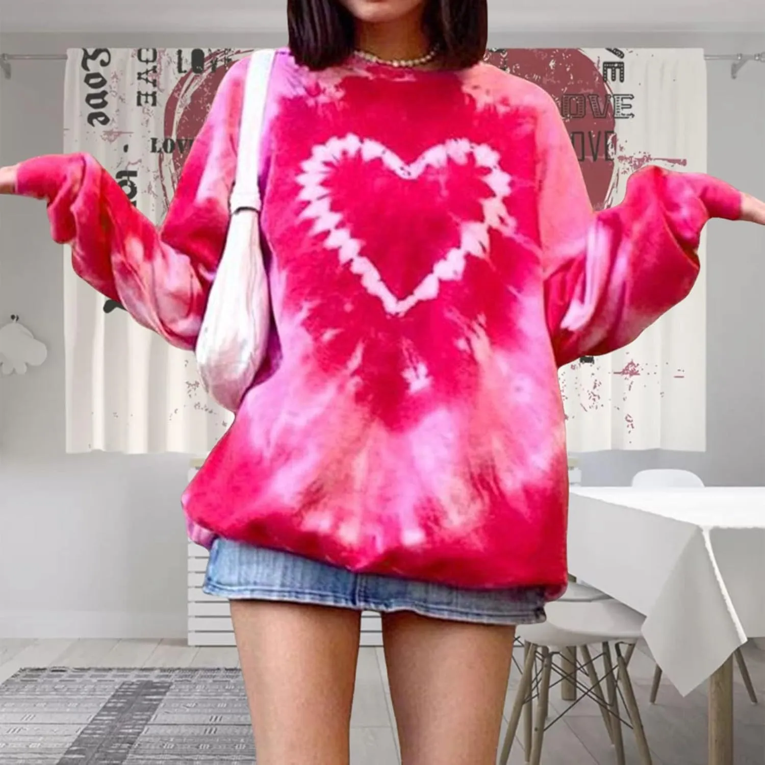 LOTUCY Love Heart Sweatshirt Women Oversized Valentines Pullover Tie Dye Crewneck Loose Long Sleeve Shirt Tops