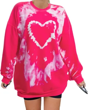 LOTUCY Love Heart Sweatshirt Women Oversized Valentines Pullover Tie Dye Crewneck Loose Long Sleeve Shirt Tops