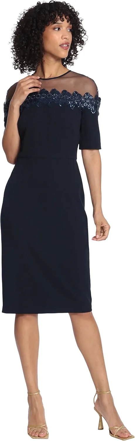 Maggy London Women's Mesh Yoke Pencil Skirt Dress with Applique Trim