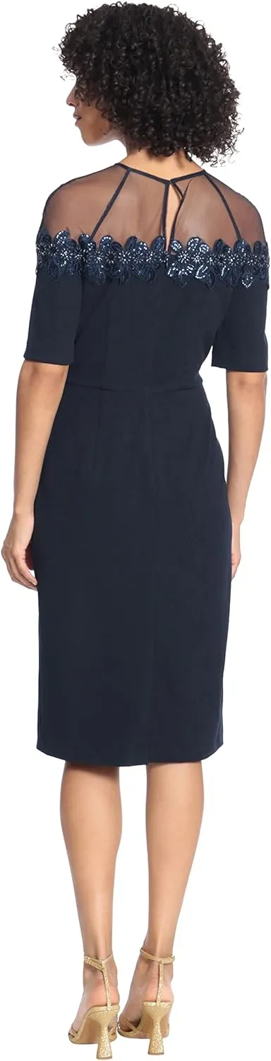 Maggy London Women's Mesh Yoke Pencil Skirt Dress with Applique Trim