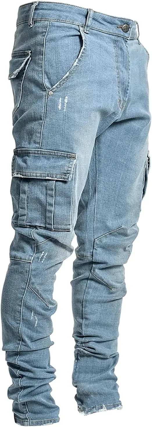 Maiyifu-GJ Men's Skinny Slim Fit Jeans Stretch 6 Pockets Denim Pencil Pants Casual Hip Hop Side Pocket Jean Trousers