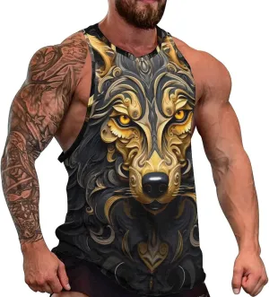 MARSVOVO Mens Tank Top Wolf Muscle Summer Casual Western Ethnic Totem Print Tank for Men Summer Beach Quick Dry Gym Vest