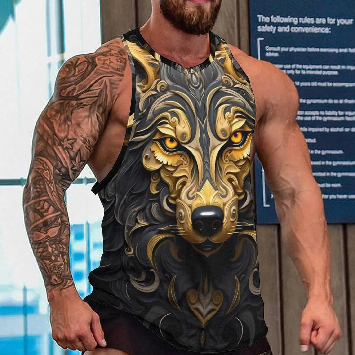 MARSVOVO Mens Tank Top Wolf Muscle Summer Casual Western Ethnic Totem Print Tank for Men Summer Beach Quick Dry Gym Vest