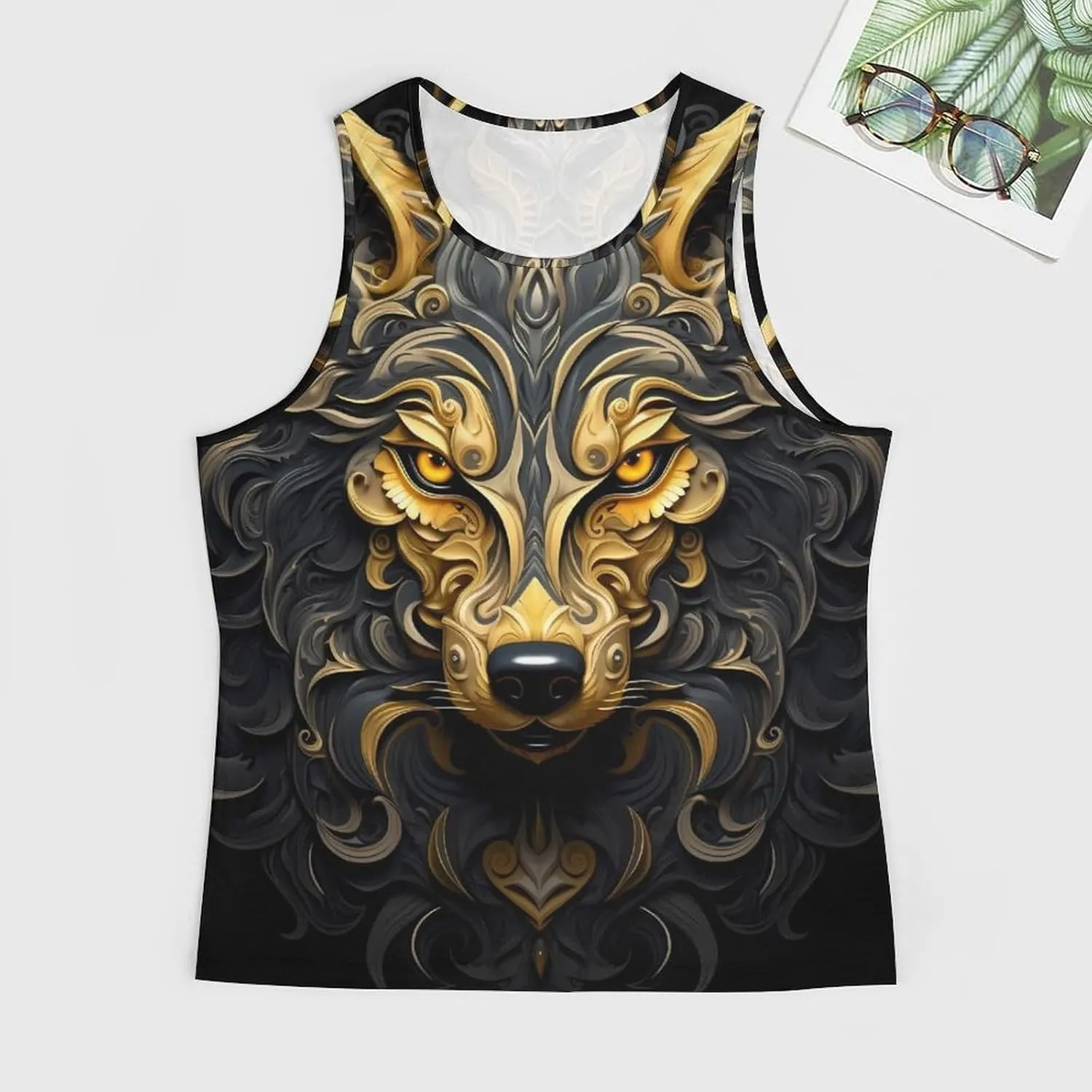 MARSVOVO Mens Tank Top Wolf Muscle Summer Casual Western Ethnic Totem Print Tank for Men Summer Beach Quick Dry Gym Vest