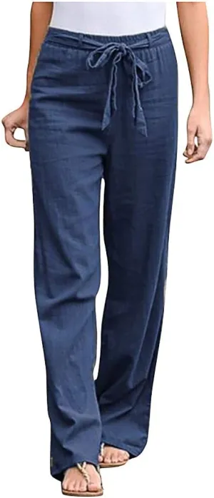 Maryia Casual Cotton Linen Baggy Cropped Pants for Women Stretch Pull On Capris Flowy Sweatpants Drawstring Summer Trousers