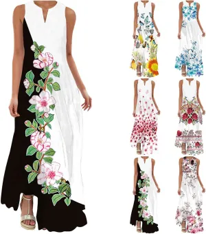 Maxi Dresses for Women 2025 Plus Size,Flowers Sleeveless Summer Floral Long Dress Casual Boho Vacation Beach Dress
