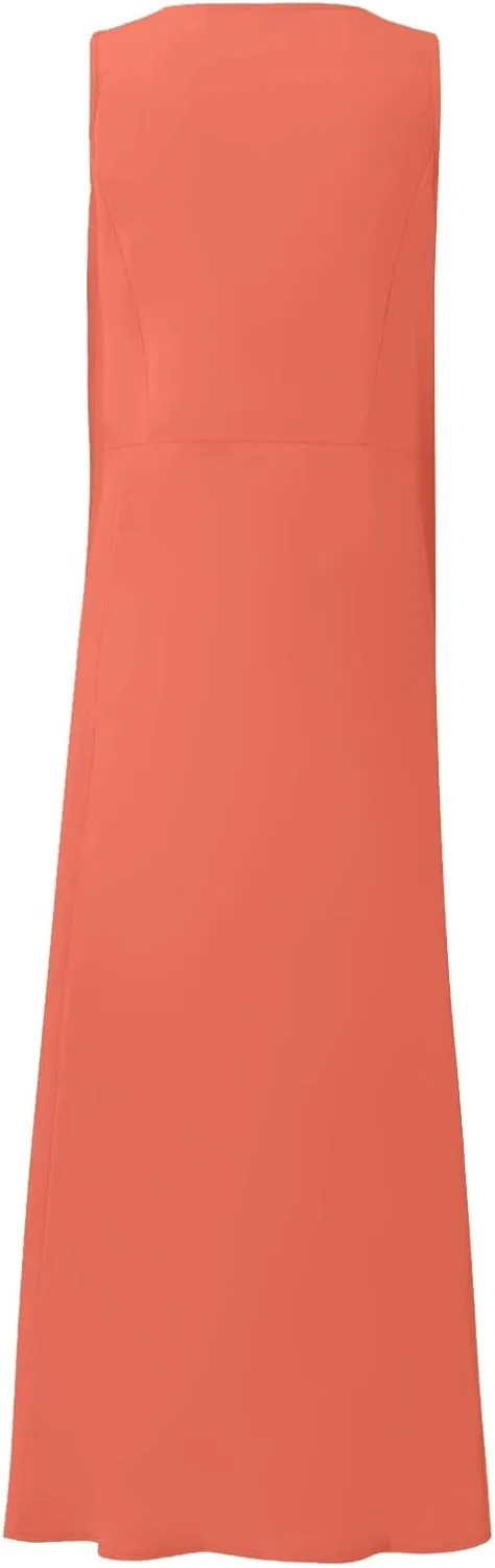 Maxi Floral Dress for Women Plus Size Vacation Scoop Neck Beach Dress with Pockets Long Comfy Flowy Sleeveless Sundress