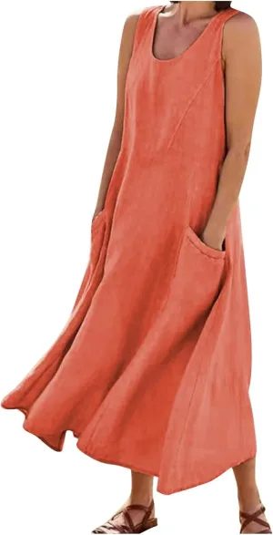 Maxi Floral Dress for Women Plus Size Vacation Scoop Neck Beach Dress with Pockets Long Comfy Flowy Sleeveless Sundress