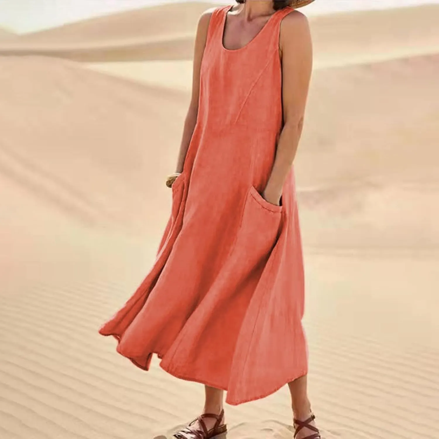 Maxi Floral Dress for Women Plus Size Vacation Scoop Neck Beach Dress with Pockets Long Comfy Flowy Sleeveless Sundress