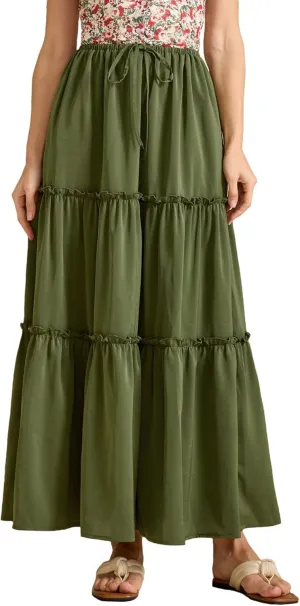 Maxi Skirts for Women Tiered Long Skirts Pleated A Line Adjustable Elastic Waist with Drawstring Flowy Long Skirt