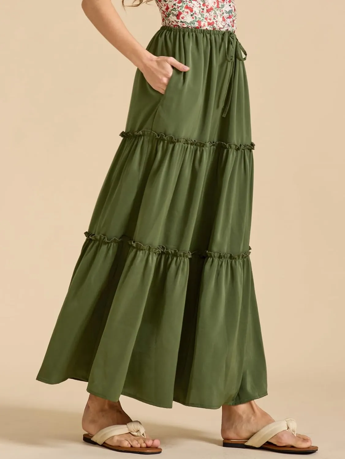 Maxi Skirts for Women Tiered Long Skirts Pleated A Line Adjustable Elastic Waist with Drawstring Flowy Long Skirt