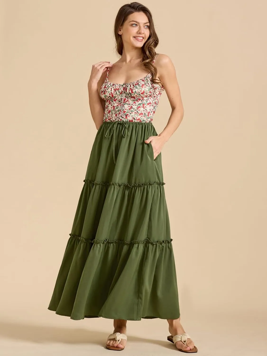 Maxi Skirts for Women Tiered Long Skirts Pleated A Line Adjustable Elastic Waist with Drawstring Flowy Long Skirt