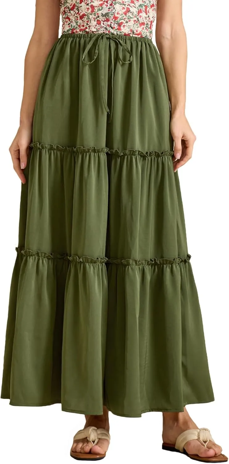 Maxi Skirts for Women Tiered Long Skirts Pleated A Line Adjustable Elastic Waist with Drawstring Flowy Long Skirt