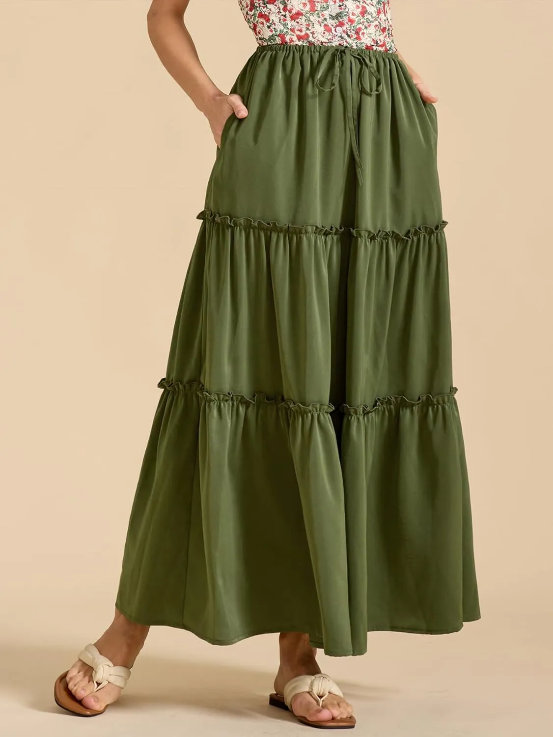 Maxi Skirts for Women Tiered Long Skirts Pleated A Line Adjustable Elastic Waist with Drawstring Flowy Long Skirt