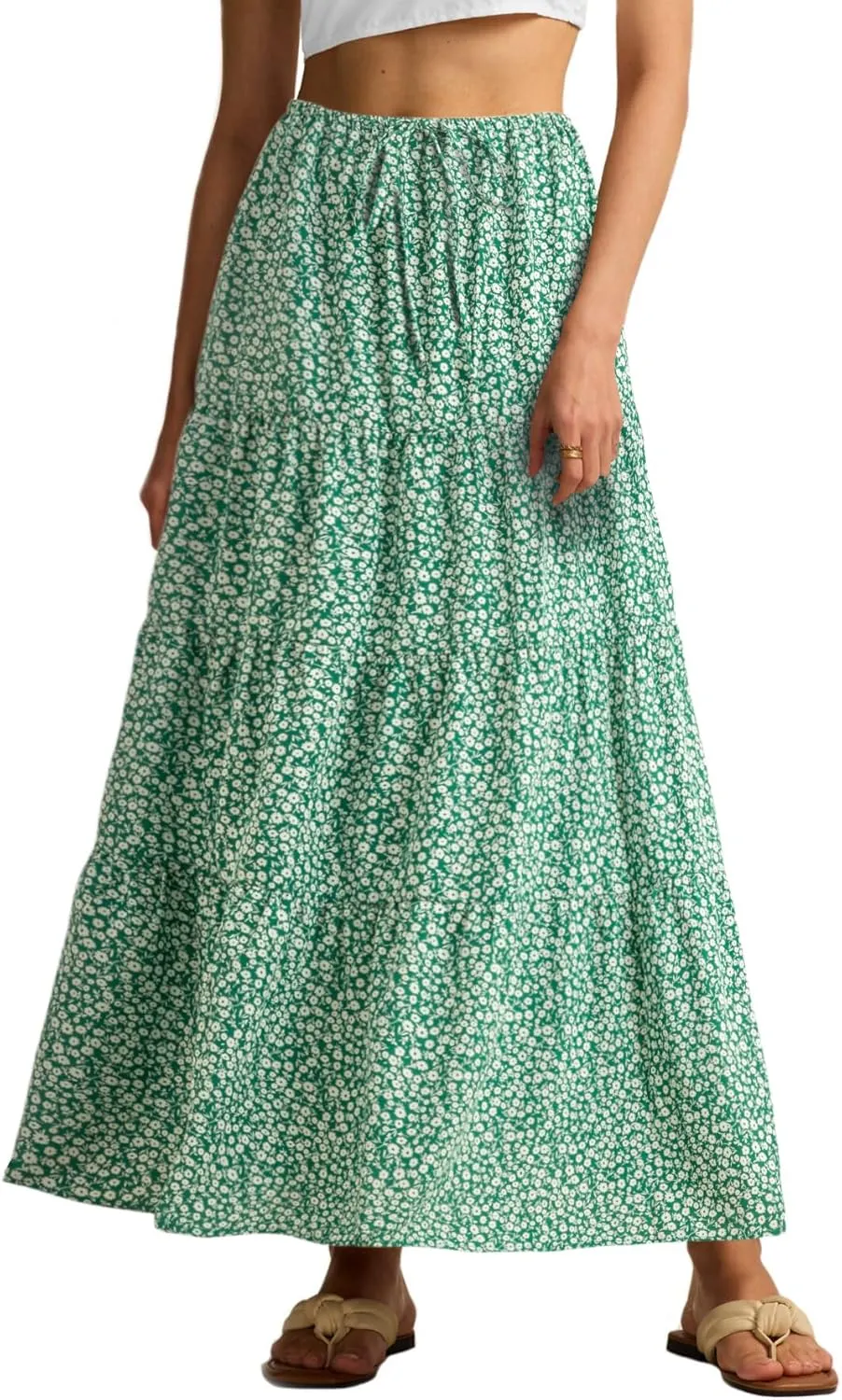 Maxi Skirts for Women Tiered Long Skirts Pleated A Line Adjustable Elastic Waist with Drawstring Flowy Long Skirt