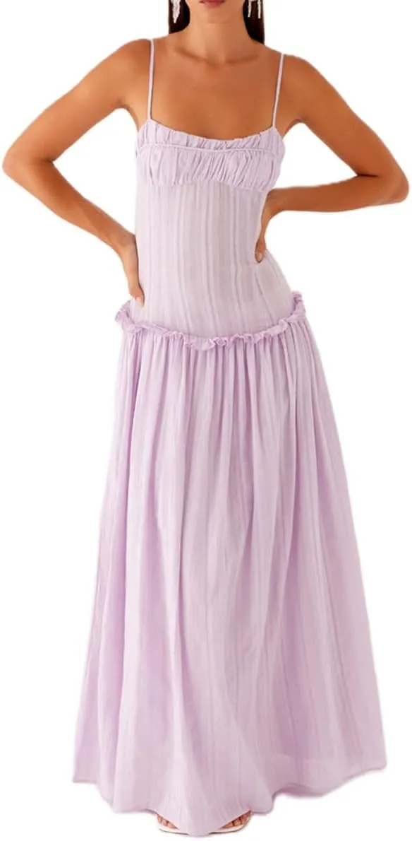 Meiweileya Women Spaghetti Strap Maxi Dress Smocked Drop Waist Long Dresses Backless Tiered Flowy Sundress Summer Beach 2025