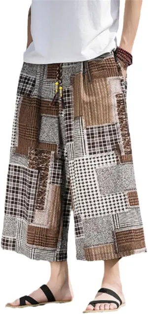 Men' Harem Pants Pocket Jogging Plaid Casual Trousers Loose Hip Hop Ethnic Wide Leg