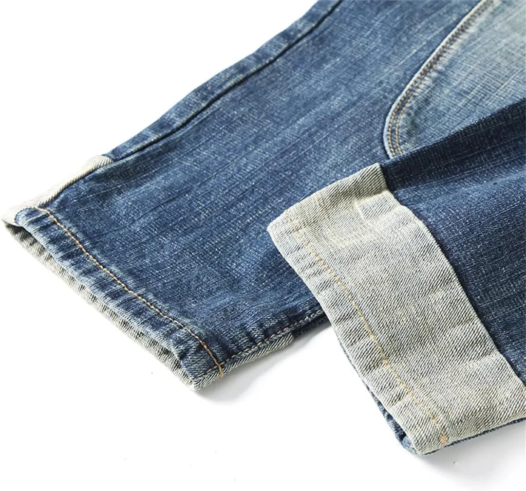 Men Hip Hop Harem Pants Stretch Retro Blue Loose Fit Patchwork Streetwear Casual Denim Pants