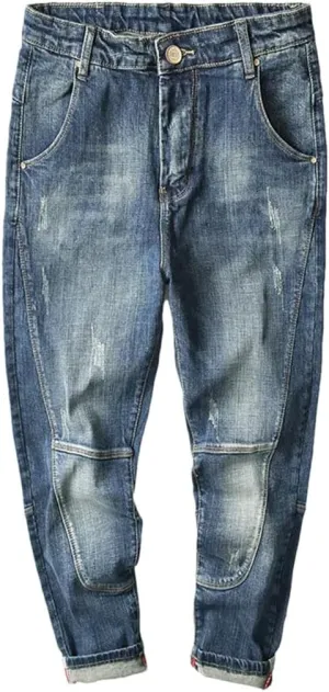 Men Hip Hop Harem Pants Stretch Retro Blue Loose Fit Patchwork Streetwear Casual Denim Pants