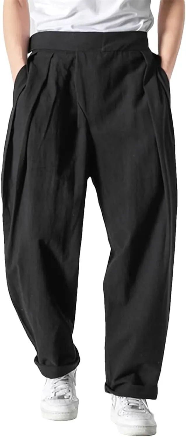Men's Casual Linen Pants Summer Joggers Harem Pants Solid Color Lightweight Ankle Length Trousers