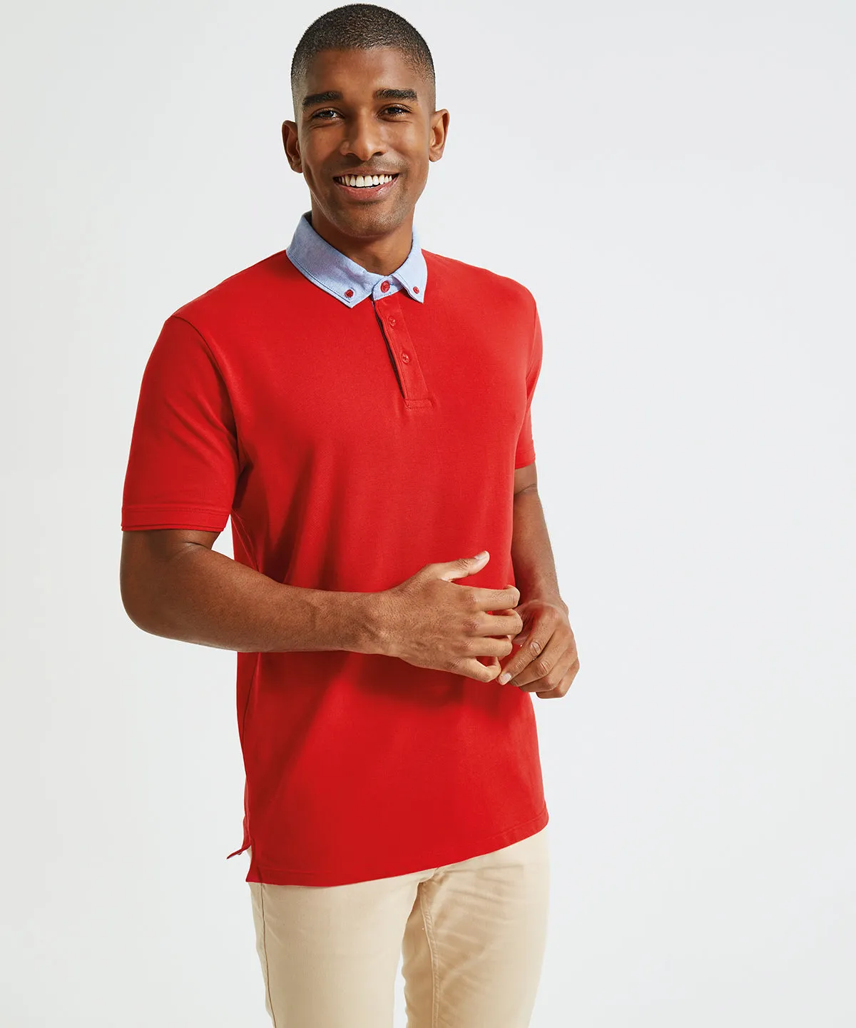 Mens chambray button-down collar polo | Red/Denim