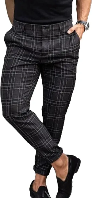 Men's Slim Fit Chino Pants Stretch Skinny Plaid Flat Front Trousers Casual Fashion Business Dress Pants