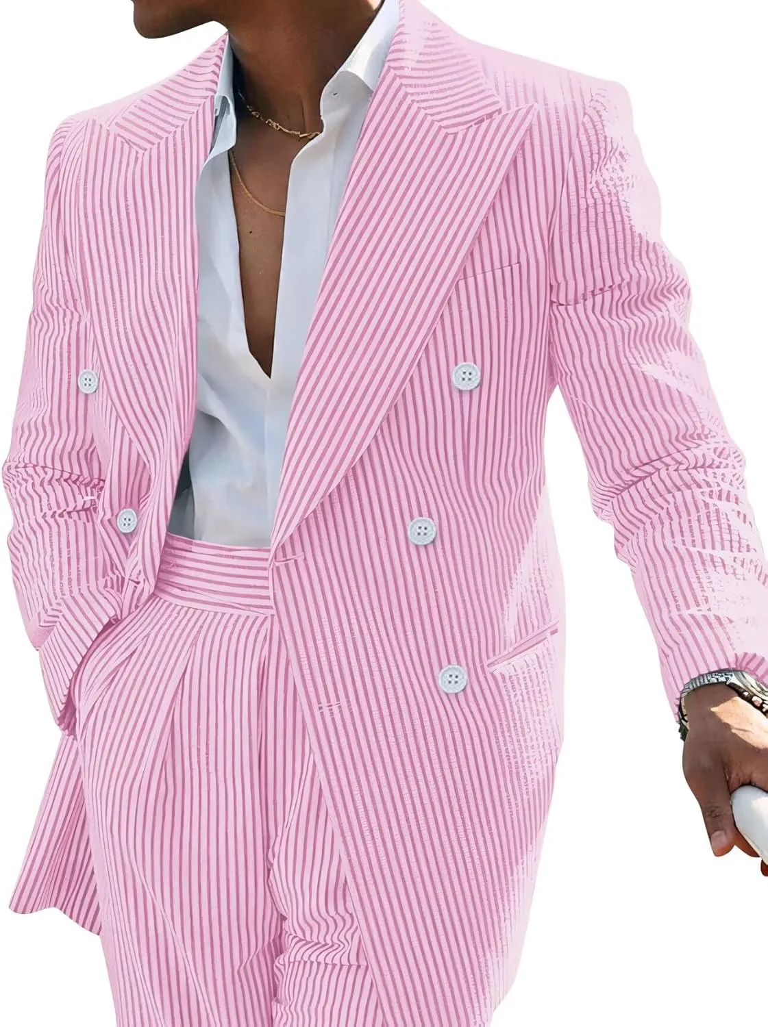 Men's Striped Seersucker Suits 2 Piece Slim Fit Wedding Tuxedo Summer Beach Leisure Suits Sets