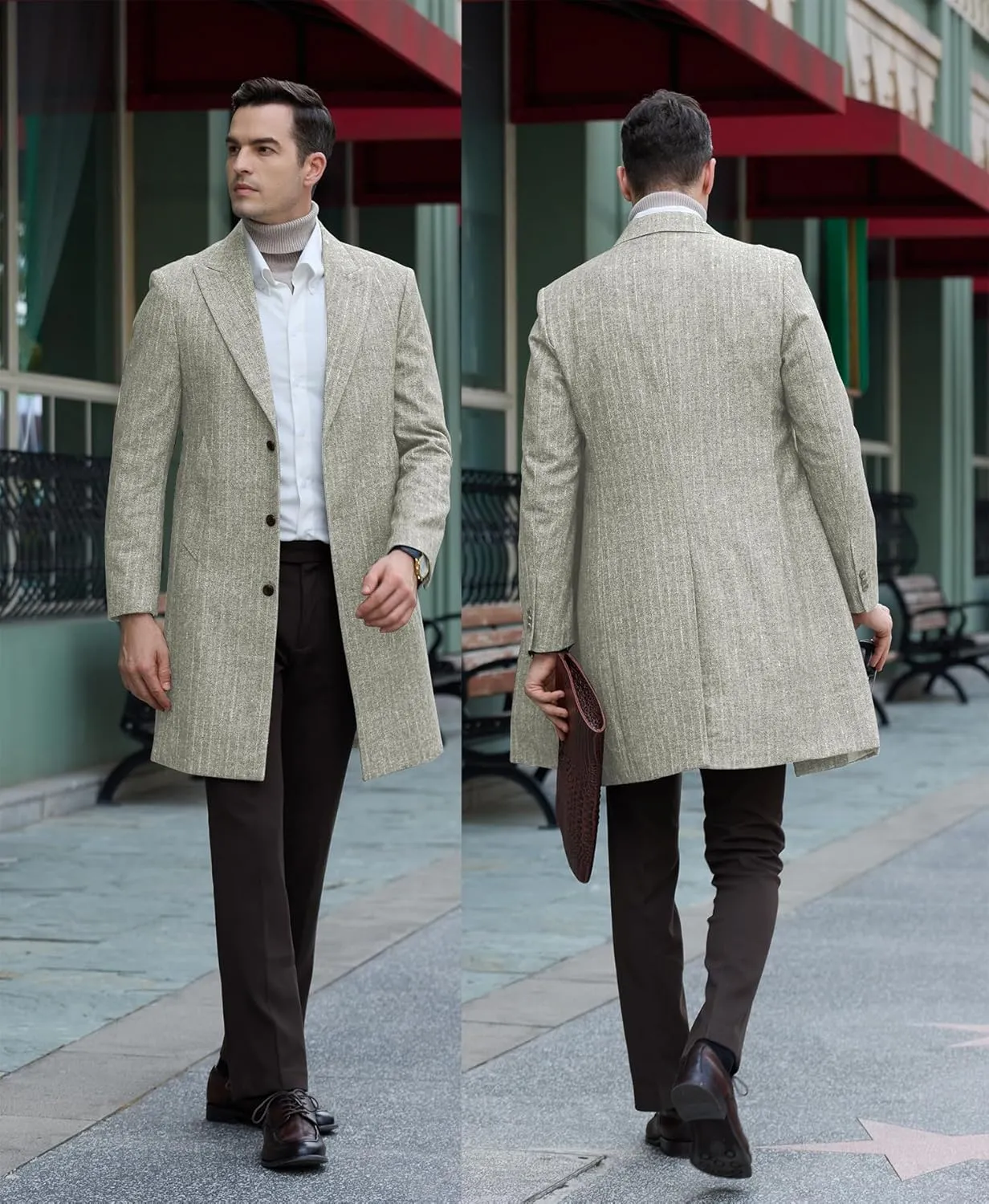 Mens Trench Coat Herringbone Wool Peak Lapel Single Breasted Long Slim Fit Pea Coat Business Suit Jacket for Men