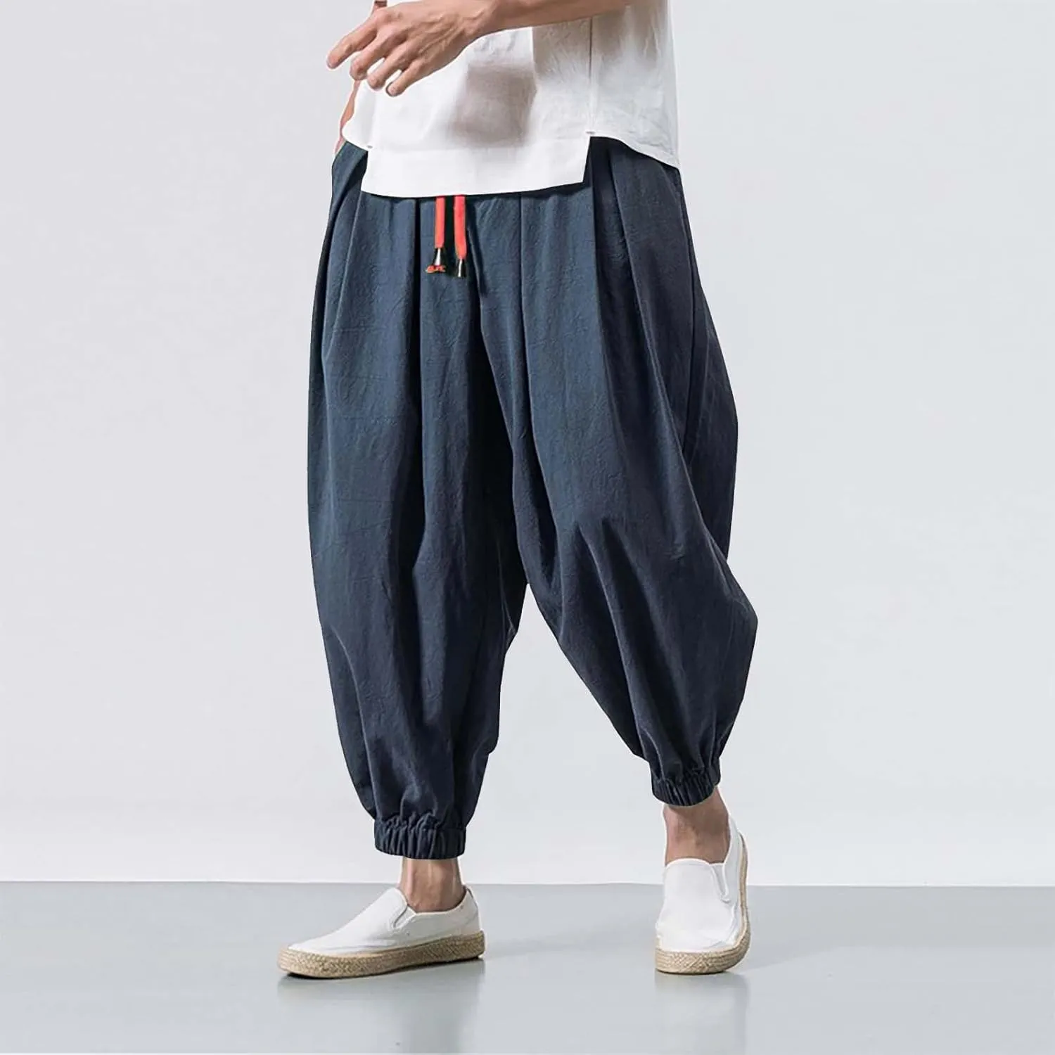 Mens Wide Leg Harem Linen Cotton Pants Japanese Loose Fit Pants Casual Baggy Elastic Waist Trouser Streetwear