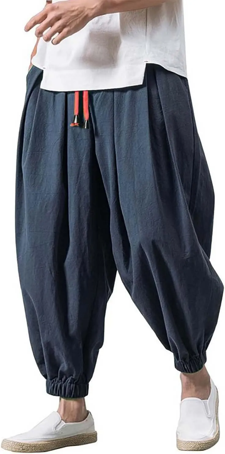 Mens Wide Leg Harem Linen Cotton Pants Japanese Loose Fit Pants Casual Baggy Elastic Waist Trouser Streetwear