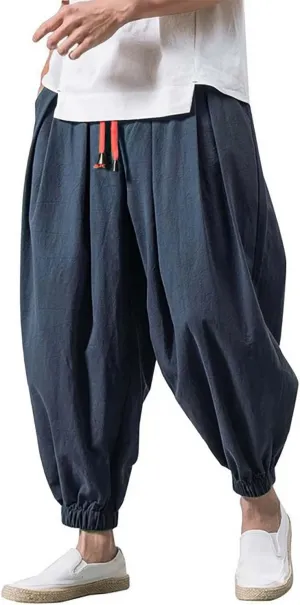 Mens Wide Leg Harem Linen Cotton Pants Japanese Loose Fit Pants Casual Baggy Elastic Waist Trouser Streetwear