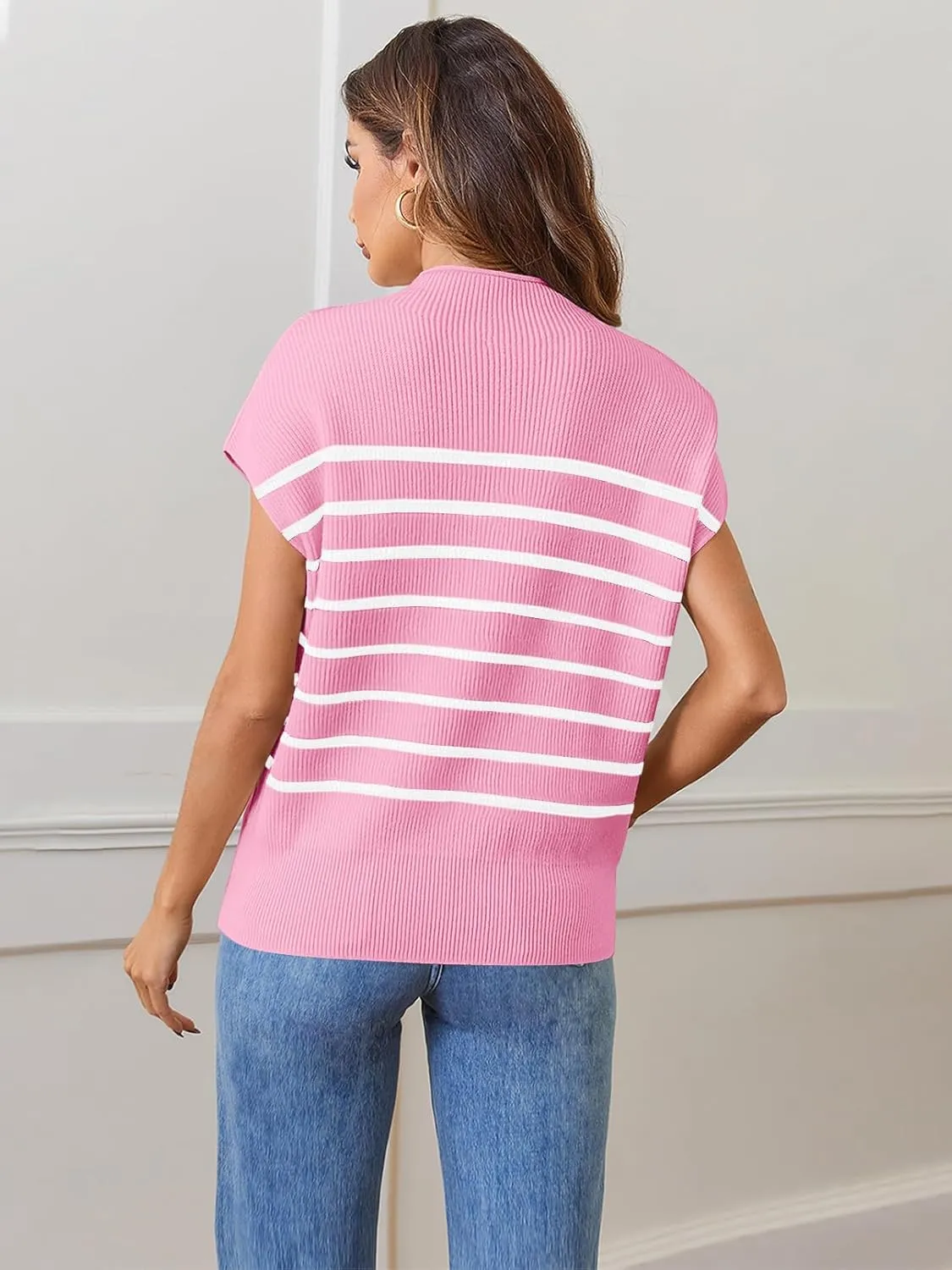 MEROKEETY Women's 2025 Sleeveless Mock Neck Striped Sweater Vest Cap Sleeve Ribbed Knit Pullover Tank Tops