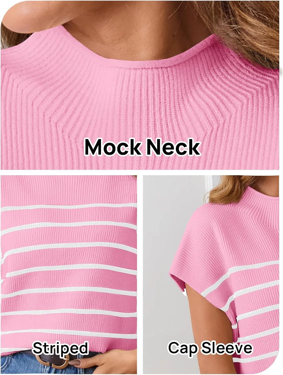 MEROKEETY Women's 2025 Sleeveless Mock Neck Striped Sweater Vest Cap Sleeve Ribbed Knit Pullover Tank Tops