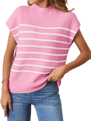 MEROKEETY Women's 2025 Sleeveless Mock Neck Striped Sweater Vest Cap Sleeve Ribbed Knit Pullover Tank Tops