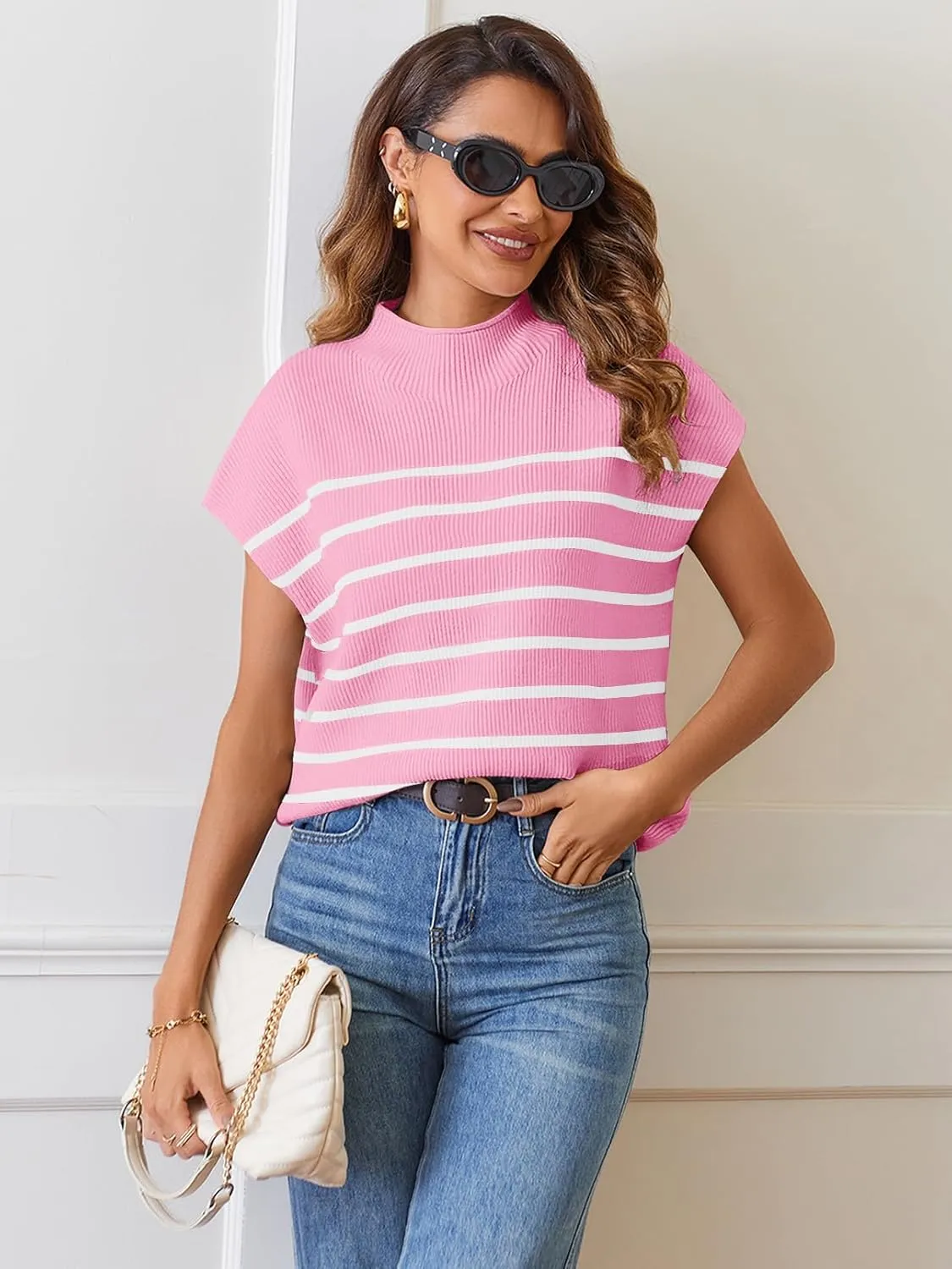 MEROKEETY Women's 2025 Sleeveless Mock Neck Striped Sweater Vest Cap Sleeve Ribbed Knit Pullover Tank Tops