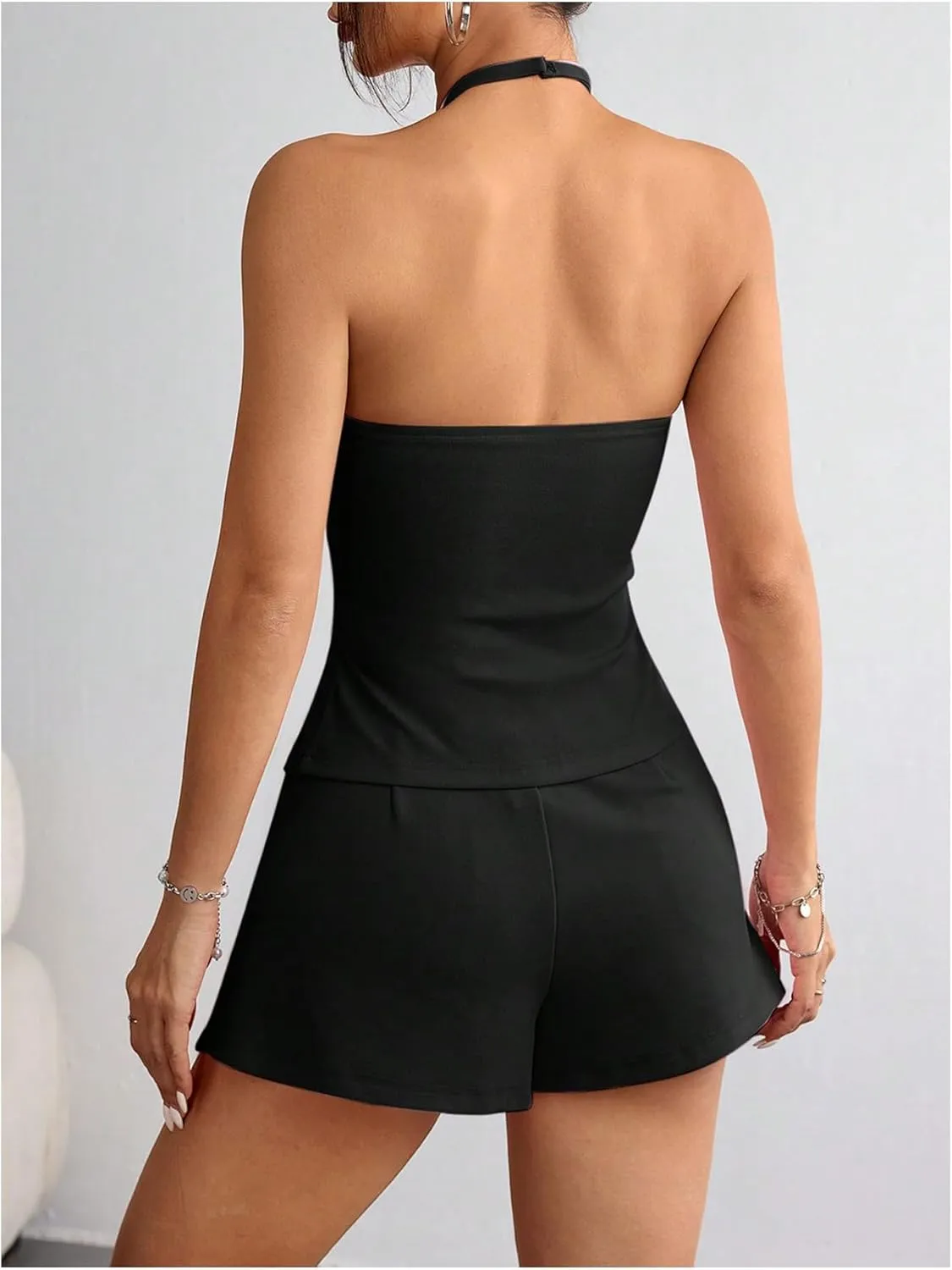 Milumia Women's 2 Piece Sets Cut Out Bow Knot Sleeveless Halter Tops and Mini Skort Set