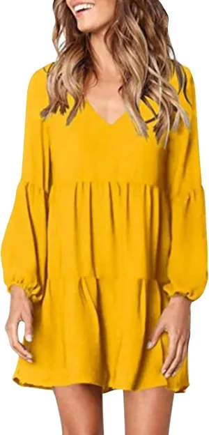 Mini Dresses for Women,2024 Summer Trendy Ruched Ruffle Babydoll Dress,Casual Loose V Neck Long Sleeve Beach Dress