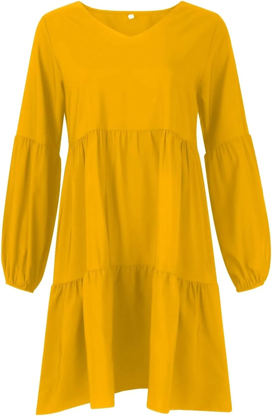Mini Dresses for Women,2024 Summer Trendy Ruched Ruffle Babydoll Dress,Casual Loose V Neck Long Sleeve Beach Dress