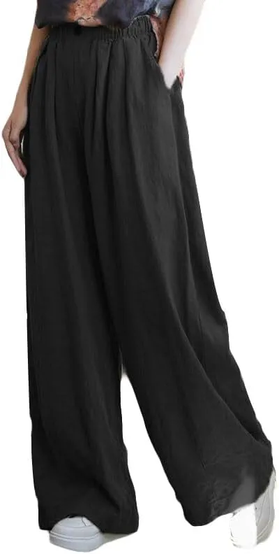 Minibee Women's Cotton Linen Palazzo Pants Wide Leg Casual Baggy Loose Lounge Trousers with Pockets