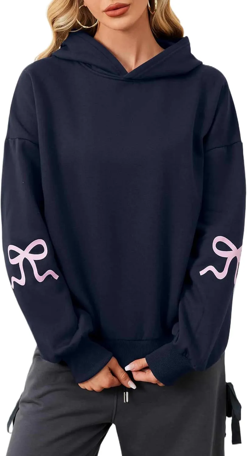 MISSACTIVER Women Oversized Bow Print Hooded Sweatshirt Fleece Long Sleeve Drop Shoulder Graphic Pullover Hoodie Tops