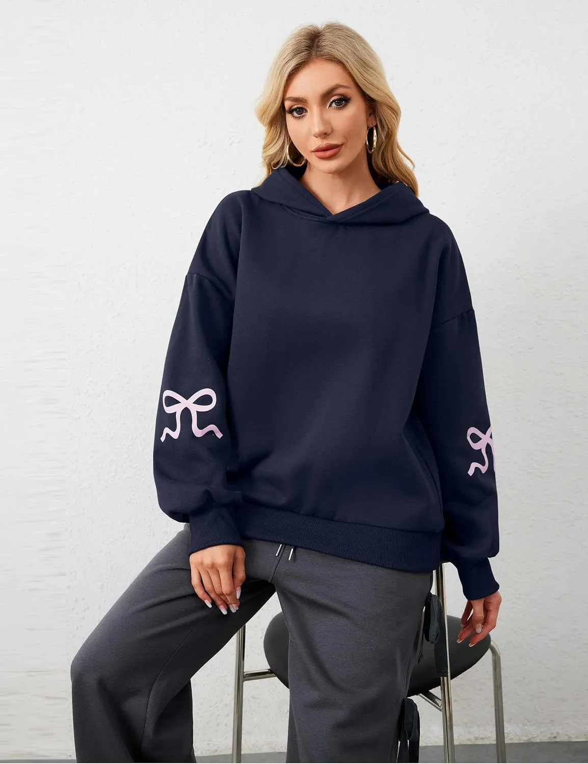 MISSACTIVER Women Oversized Bow Print Hooded Sweatshirt Fleece Long Sleeve Drop Shoulder Graphic Pullover Hoodie Tops