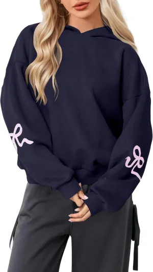 MISSACTIVER Women Oversized Bow Print Hooded Sweatshirt Fleece Long Sleeve Drop Shoulder Graphic Pullover Hoodie Tops