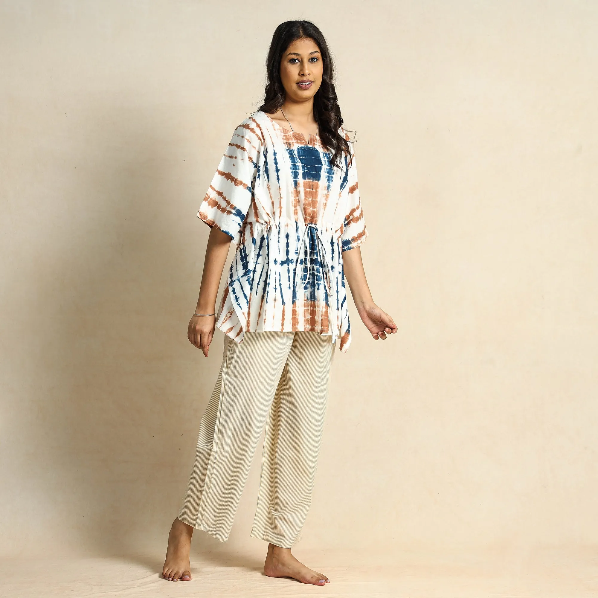 Multicolor - Shibori Tie-Dye Kaftan & Pyjama Night Suit Set