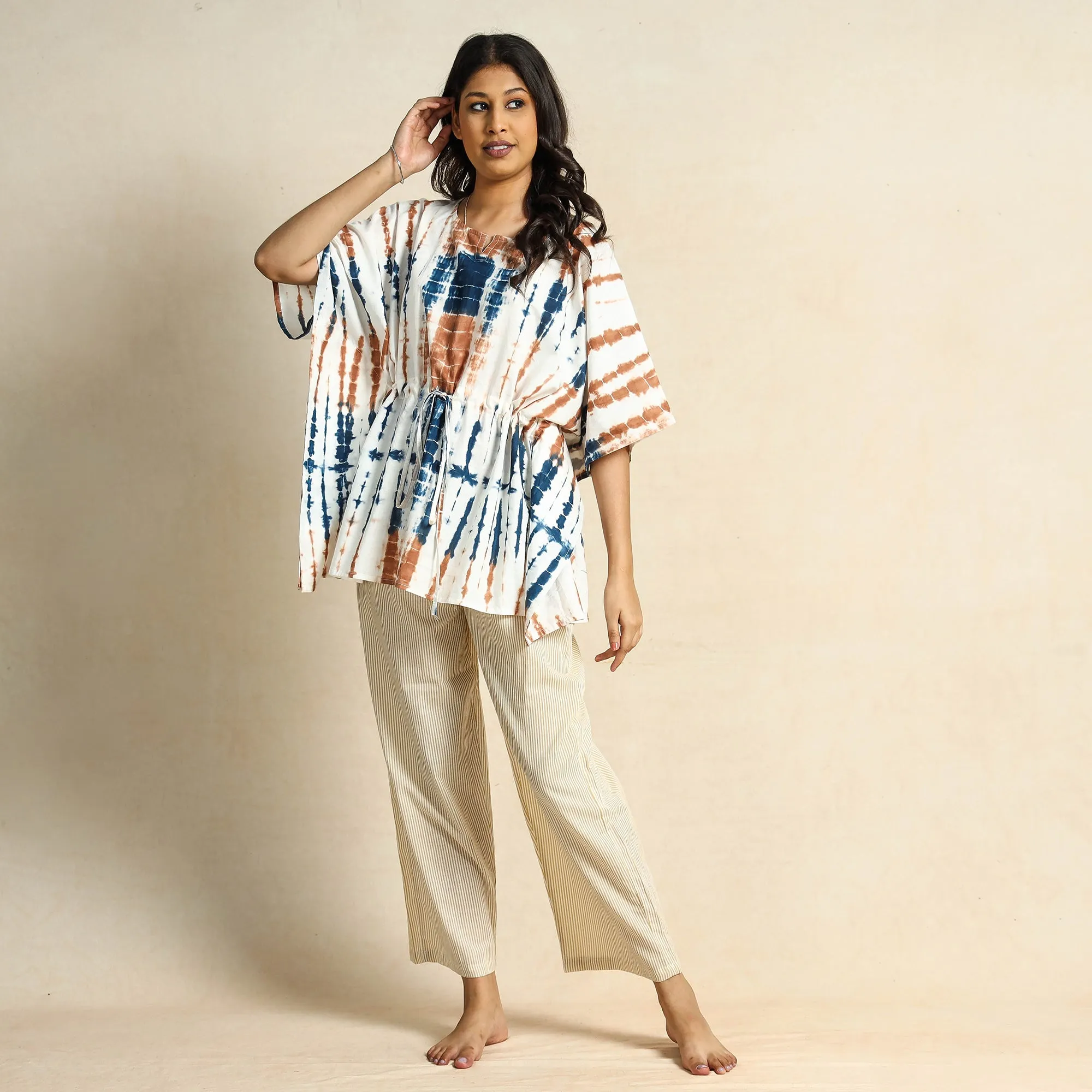 Multicolor - Shibori Tie-Dye Kaftan & Pyjama Night Suit Set