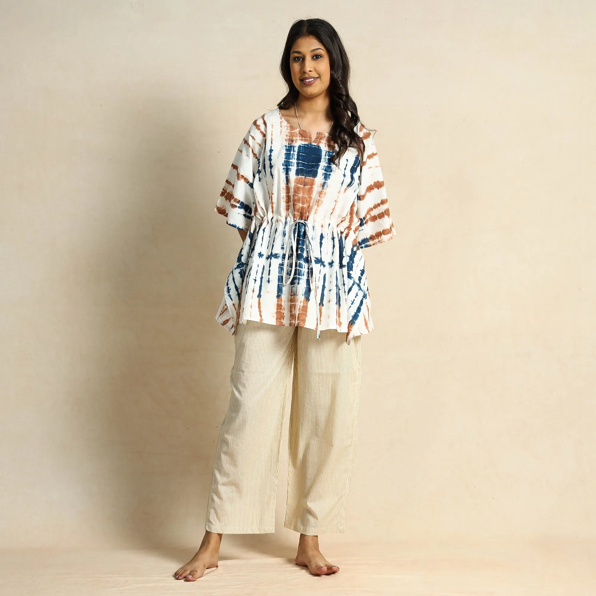 Multicolor - Shibori Tie-Dye Kaftan & Pyjama Night Suit Set