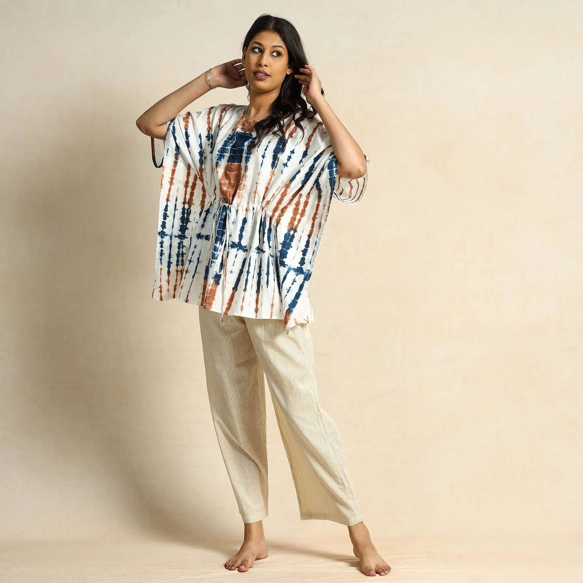 Multicolor - Shibori Tie-Dye Kaftan & Pyjama Night Suit Set