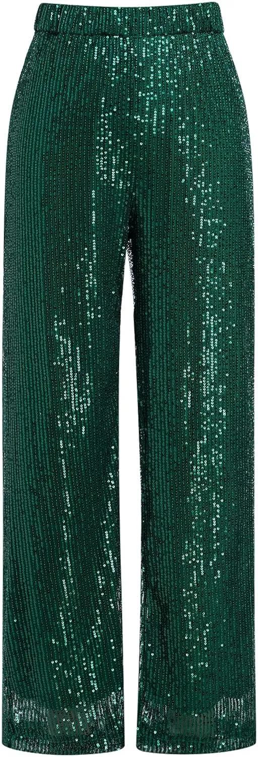 ODIZLI Womens Wide Leg Sparkle Sequin Pants Elastic High Waisted Bling Glitter Dance Pants